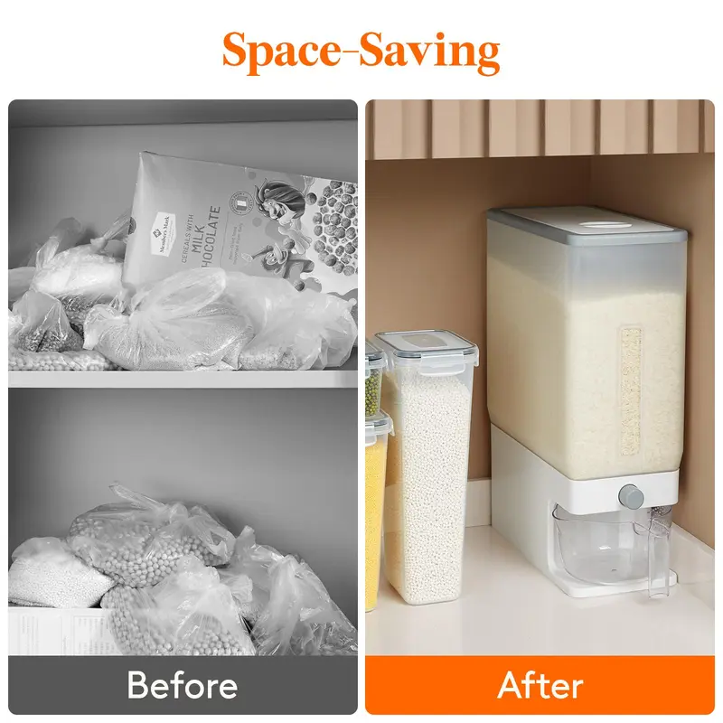 Airtight Rice Container – 1-Button Food Storage Dispenser with Transparent Visible Barrel, Moisture-Proof Grain Storage Bin